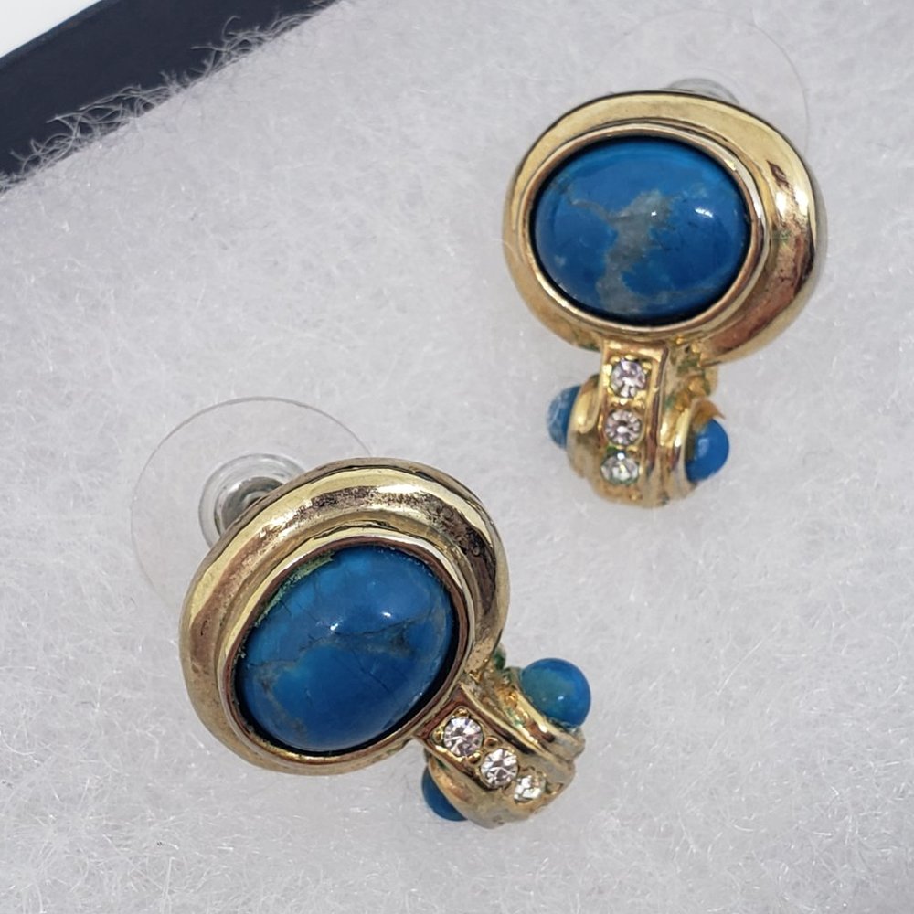 Vintage Blue Bead Rhinestone Dangle Drop Gold Tone Earrings Pierced Round - Picture 5 of 9